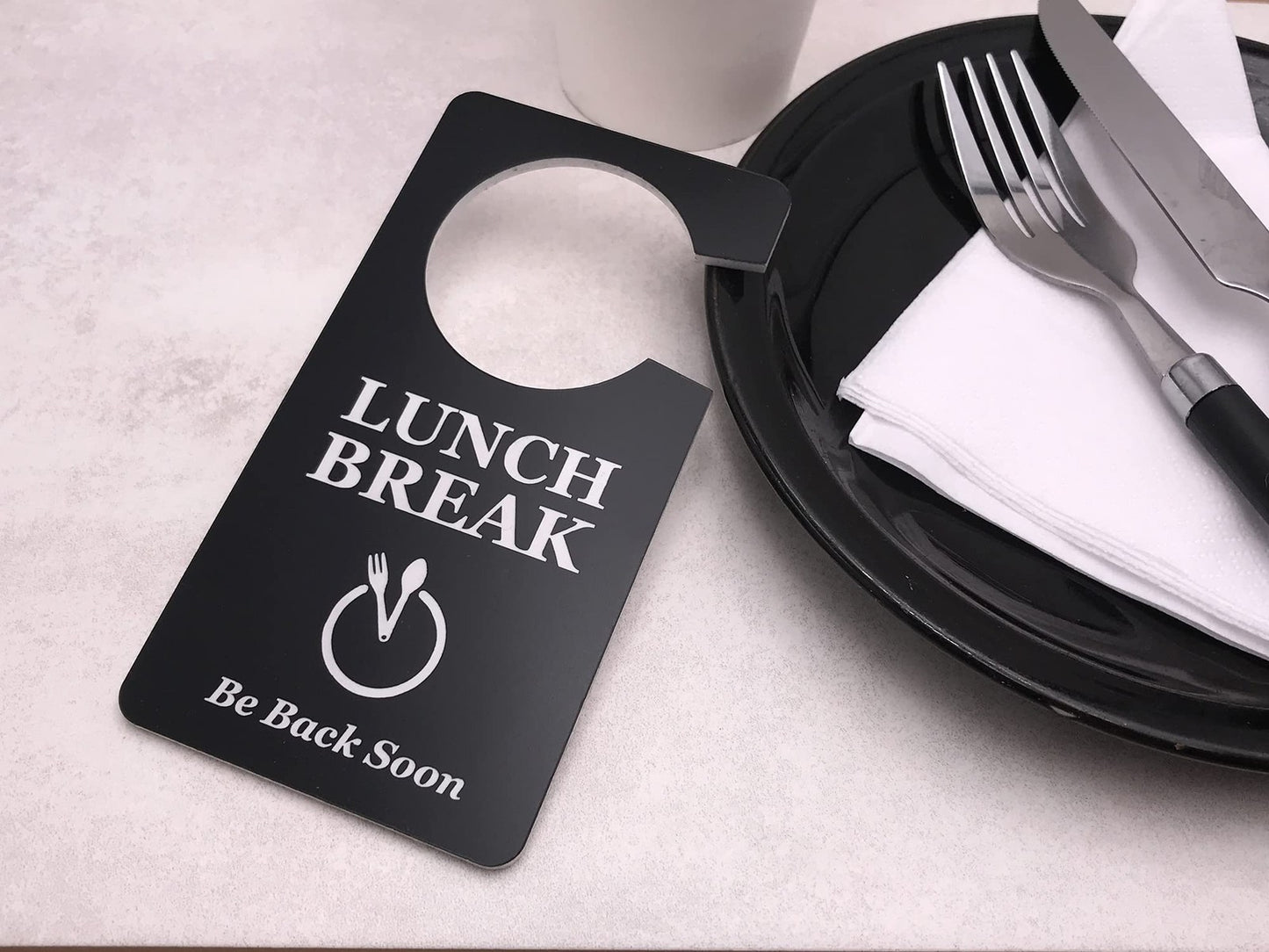 ⚫ Black “Lunch Break” Door Hanger – Acrylic Do Not Disturb Sign with Plate Icon – by North By North East – Signs