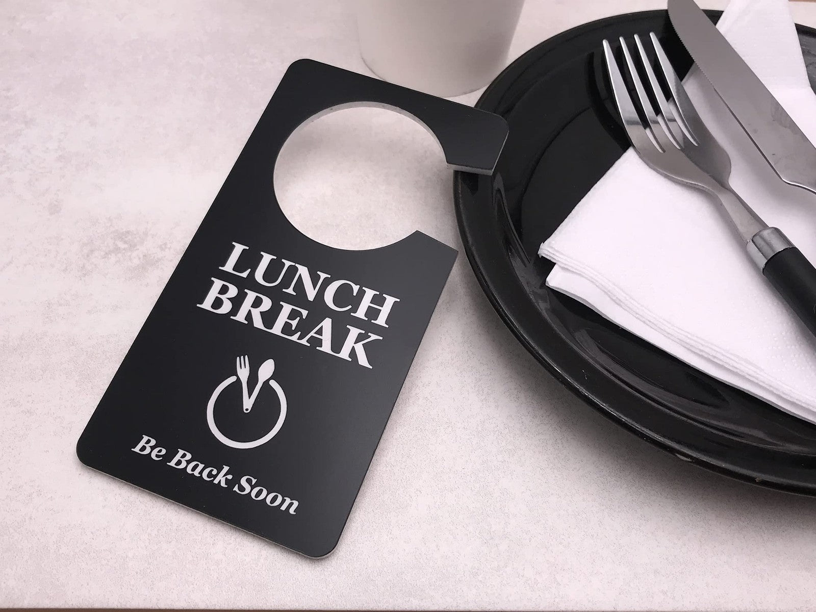 ⚫ Black “Lunch Break” Door Hanger – Acrylic Do Not Disturb Sign with Plate Icon – by North By North East – Signs