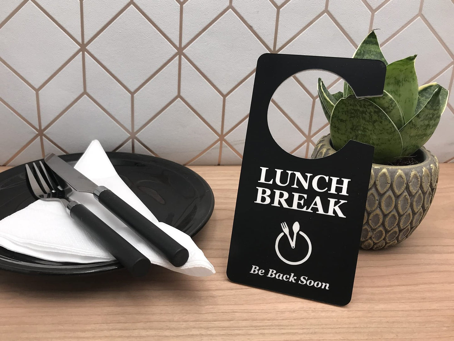 ⚫ Black “Lunch Break” Door Hanger – Acrylic Do Not Disturb Sign with Plate Icon – by North By North East – Signs