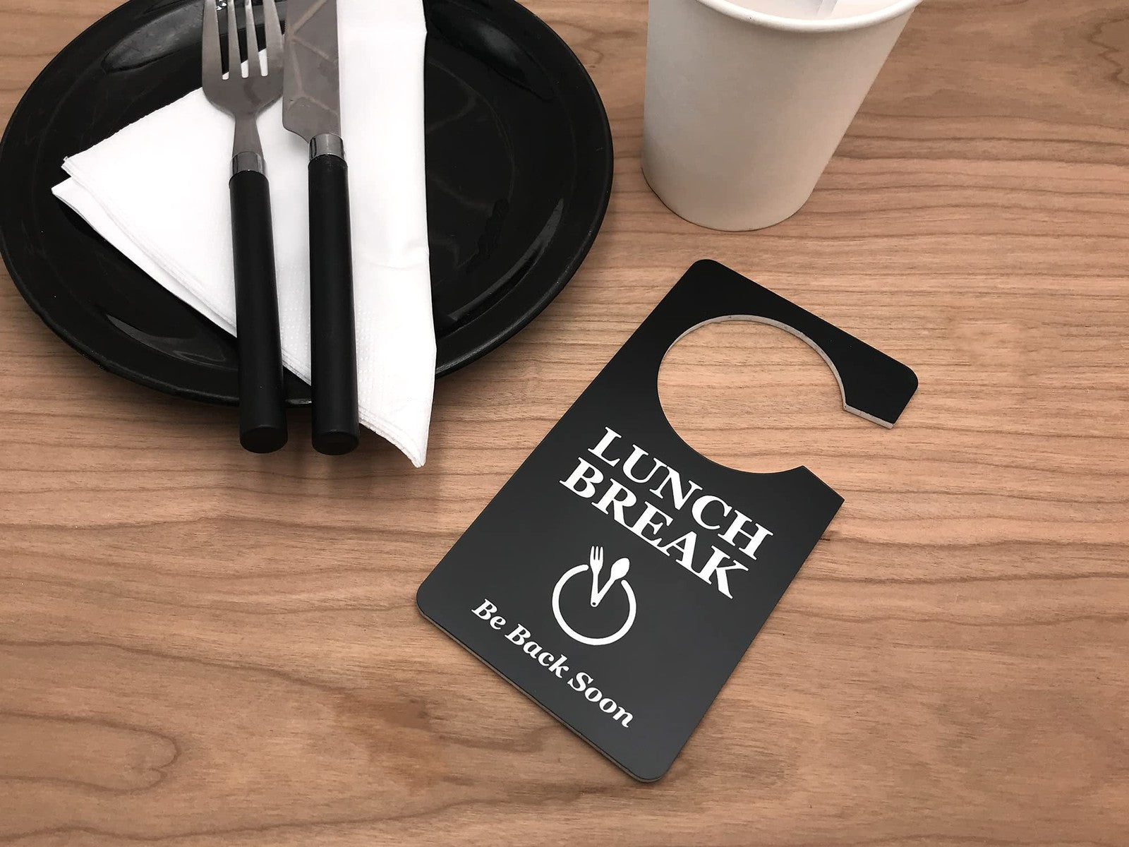 ⚫ Black “Lunch Break” Door Hanger – Acrylic Do Not Disturb Sign with Plate Icon – by North By North East – Signs