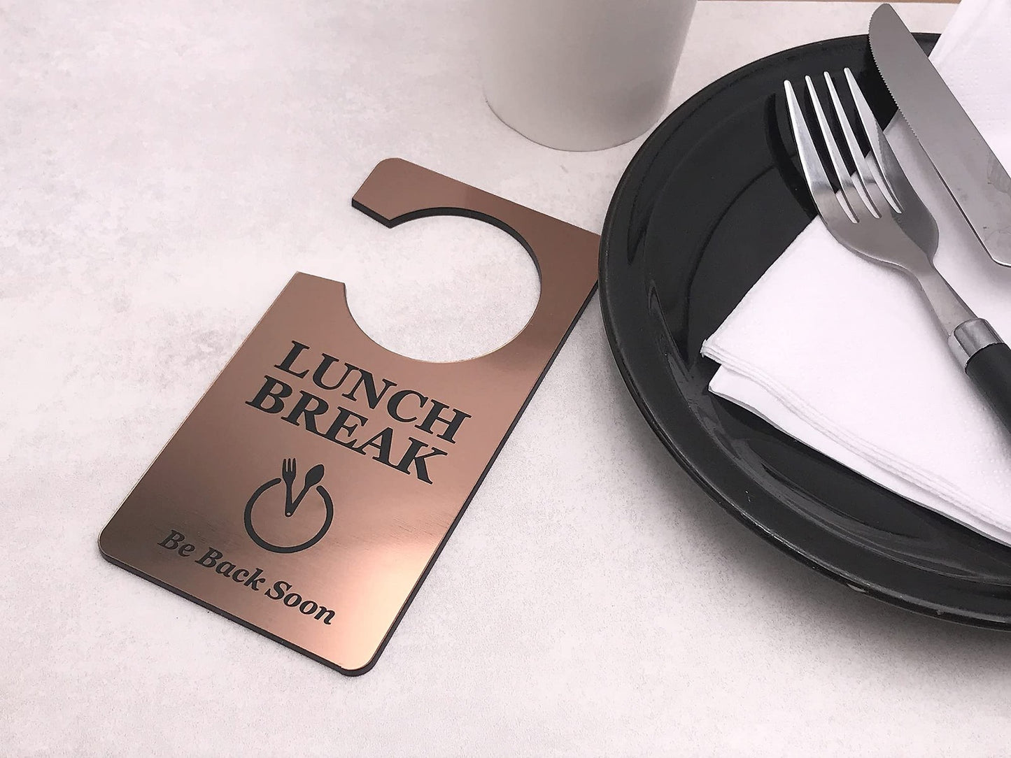 🟤 Copper “Lunch Break” Door Hanger – Acrylic Do Not Disturb Sign – by North By North East – Safety & Warning Signs
