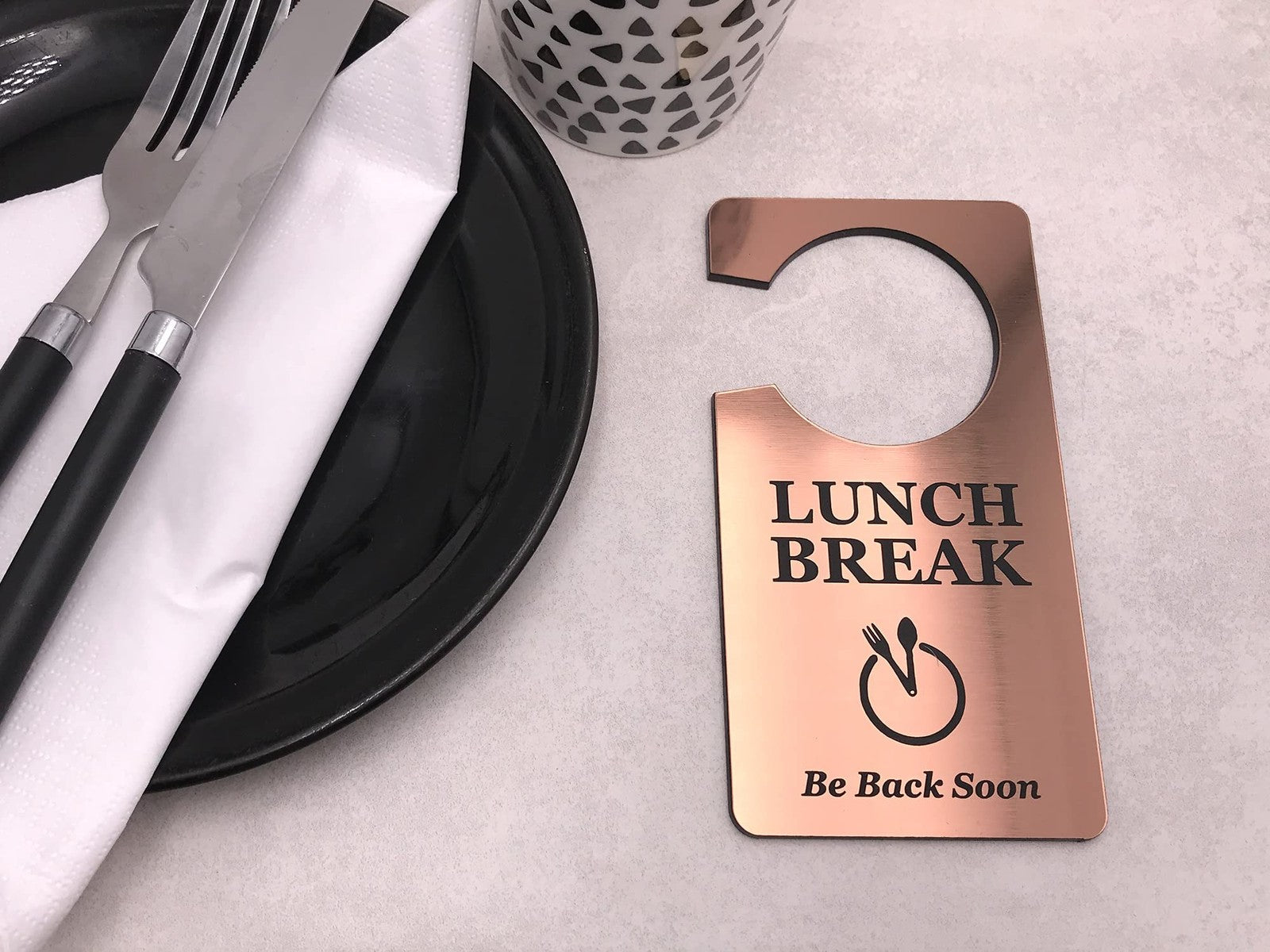 🟤 Copper “Lunch Break” Door Hanger – Acrylic Do Not Disturb Sign – by North By North East – Safety & Warning Signs