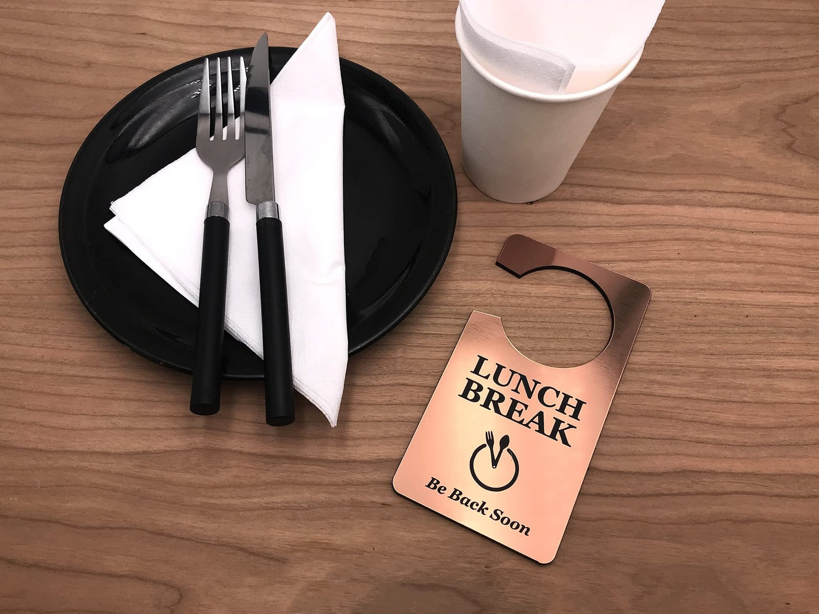 🟤 Copper “Lunch Break” Door Hanger – Acrylic Do Not Disturb Sign – by North By North East – Safety & Warning Signs