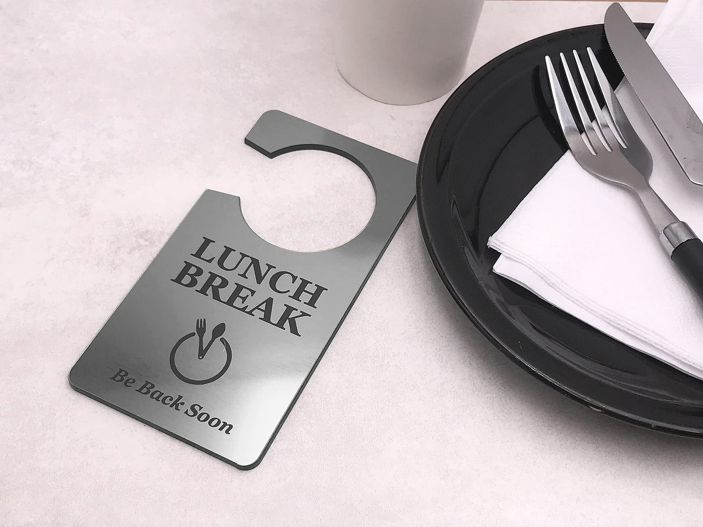 🥈 Silver “Lunch Break” Door Hanger – Acrylic Do Not Disturb Sign – by North By North East – Signs