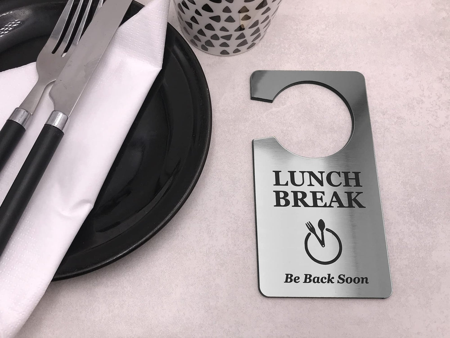 🥈 Silver “Lunch Break” Door Hanger – Acrylic Do Not Disturb Sign – by North By North East – Signs