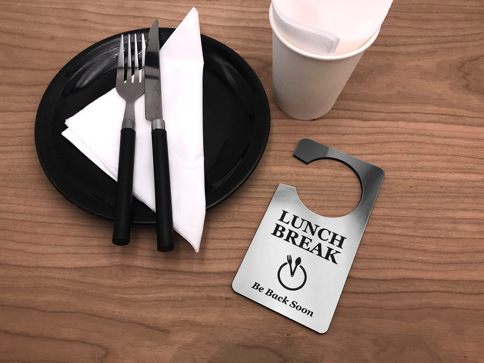 🥈 Silver “Lunch Break” Door Hanger – Acrylic Do Not Disturb Sign – by North By North East – Signs