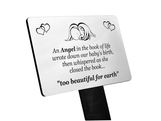 🥈 Silver Baby Memorial Stake– “Too Beautiful for Earth” Engraved Garden Tribute – by North By North East – Plaques & Nameplates