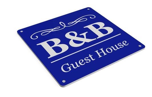 🔵 Blue B&B Guest House Sign – 145 mm Square, 4-Hole, Weatherproof Acrylic Plate – by North By North East – House Signs & Numbers