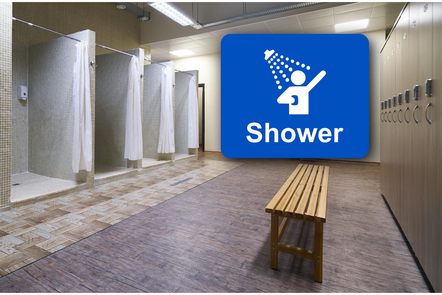 Waterproof Self-Adhesive Aluminium Shower Sign (111 × 95 mm) – Bathroom Door – by North By North East – Toilet & Bathroom Signs