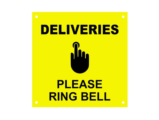 Deliveries Please Ring Bell Entrance Sign – Yellow Acrylic 145x145mm – by North By North East – Business Hours & Policy Signs