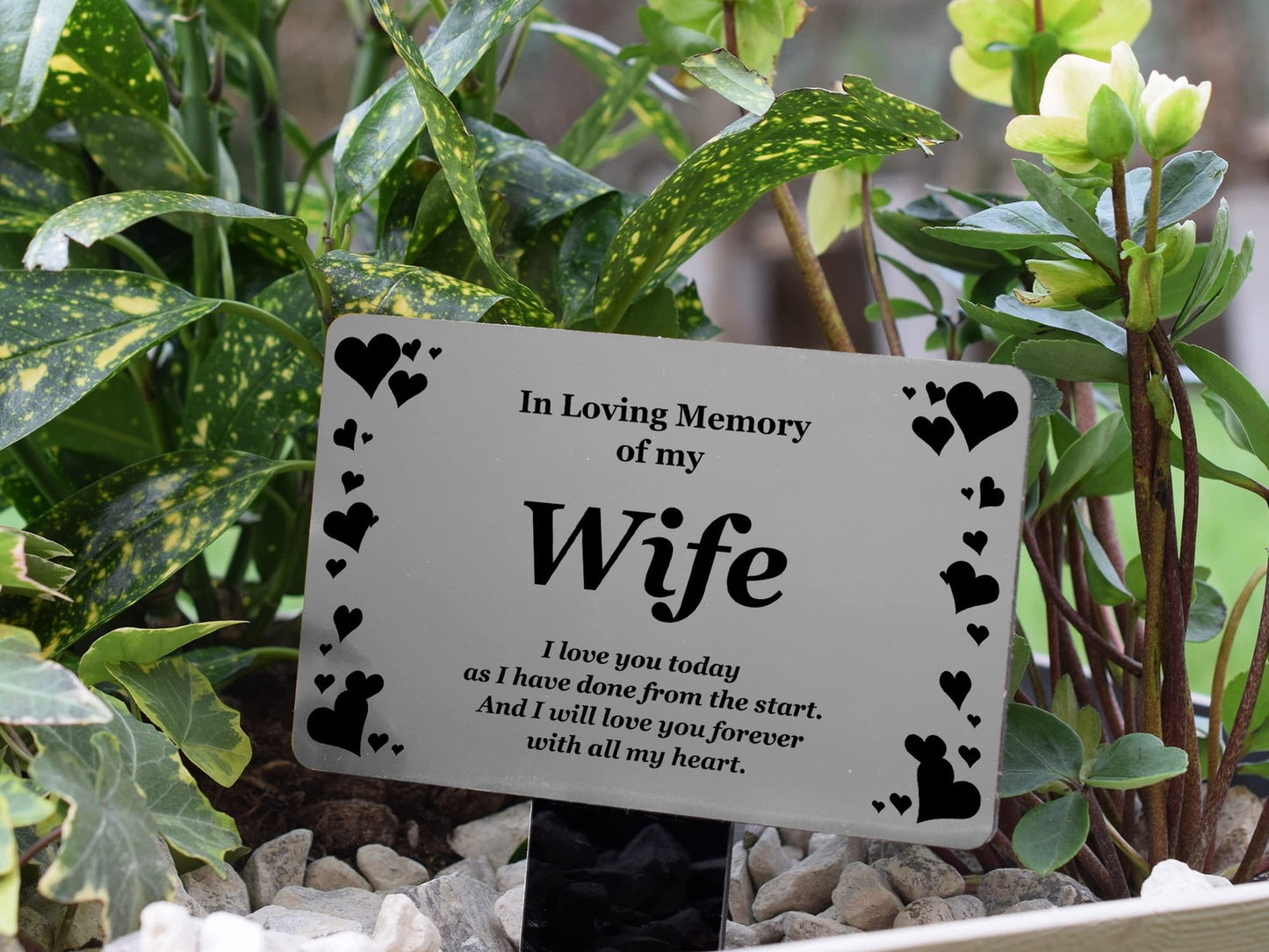 Wife Memorial Plaque Stake – Silver Hearts, Waterproof 142x242mm – by North By North East – Plaques & Nameplates