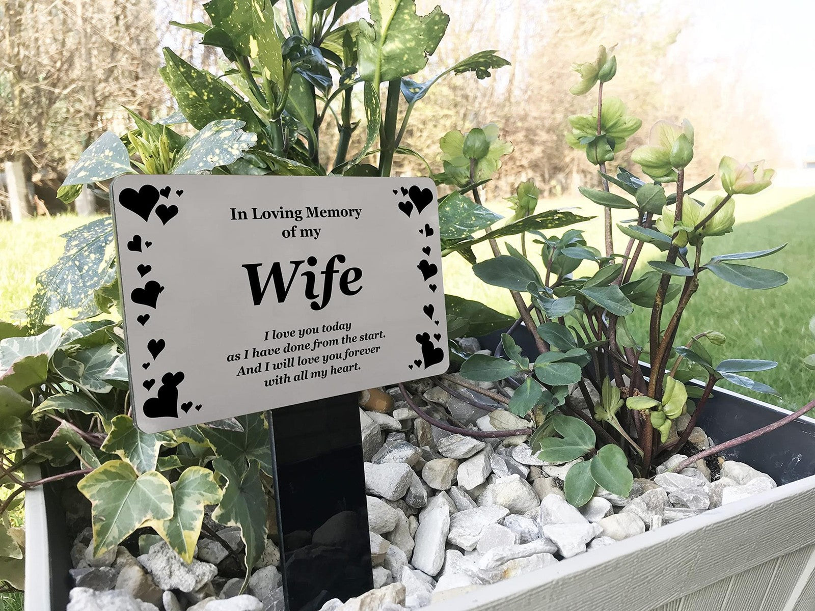 Wife Memorial Plaque Stake – Silver Hearts, Waterproof 142x242mm – by North By North East – Plaques & Nameplates