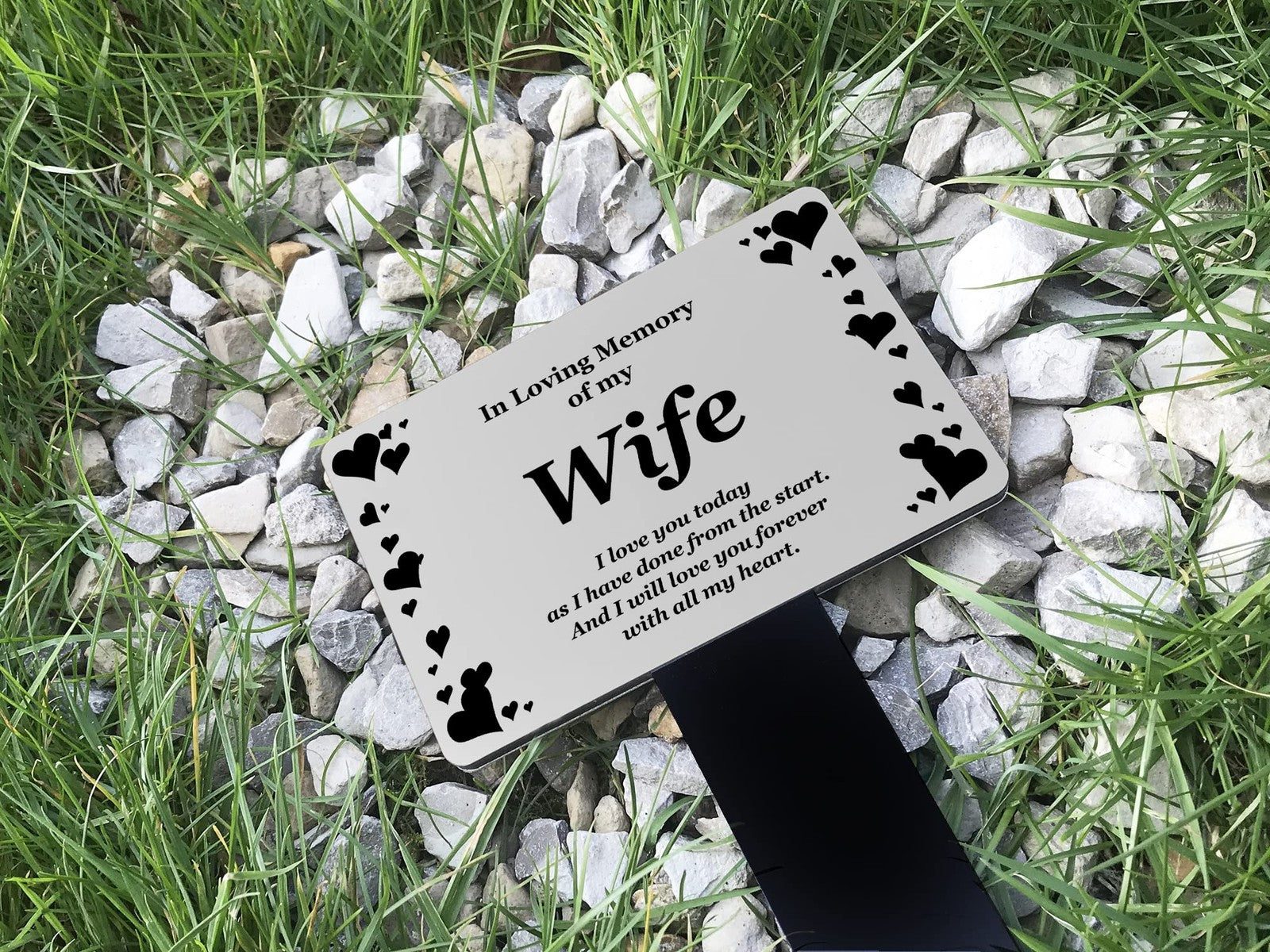Wife Memorial Plaque Stake – Silver Hearts, Waterproof 142x242mm – by North By North East – Plaques & Nameplates