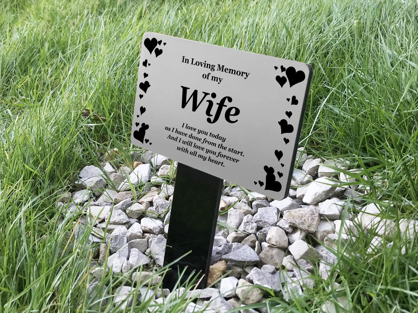 Wife Memorial Plaque Stake – Silver Hearts, Waterproof 142x242mm – by North By North East – Plaques & Nameplates
