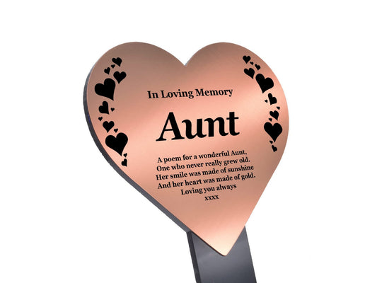 Aunt Heart Memorial Plaque Stake - Copper, Waterproof, 143x258mm, 5mm Stake – by North By North East – Safety & Warning Signs