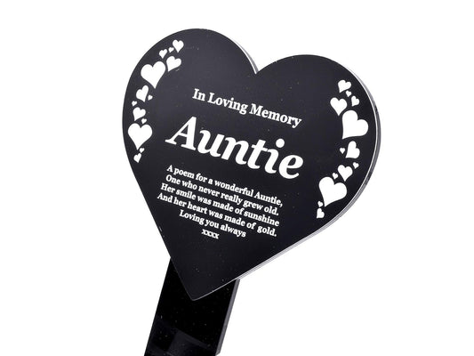 🖤 Heart-Shaped Auntie Memorial Stake – Black & White Engraved Outdoor Tribute – by North By North East – Plaques & Nameplates