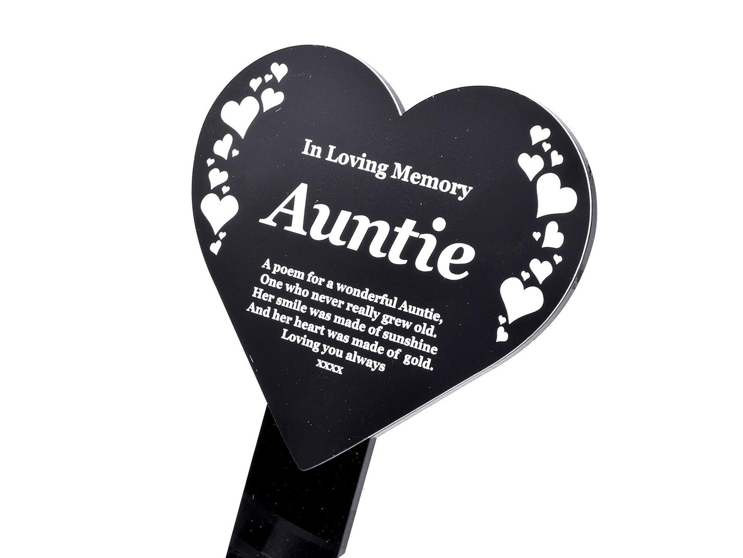 🖤 Heart-Shaped Auntie Memorial Stake – Black & White Engraved Outdoor Tribute – by North By North East – Plaques & Nameplates