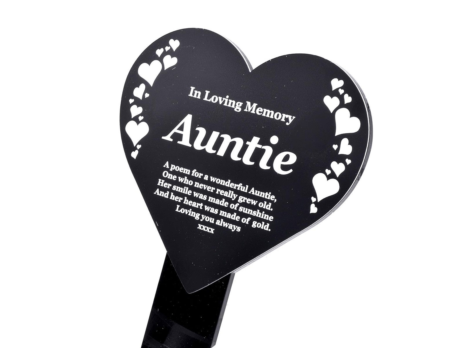 🖤 Heart-Shaped Auntie Memorial Stake – Black & White Engraved Outdoor Tribute – by North By North East – Plaques & Nameplates