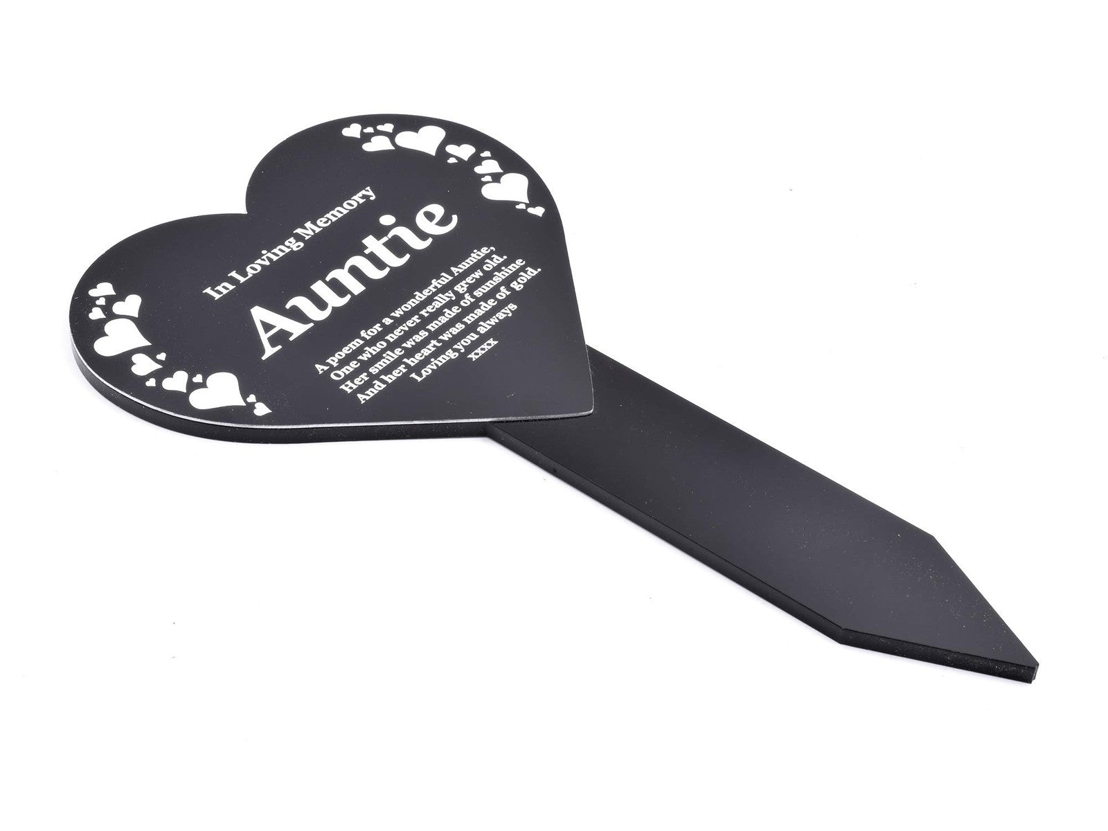 🖤 Heart-Shaped Auntie Memorial Stake – Black & White Engraved Outdoor Tribute – by North By North East – Plaques & Nameplates