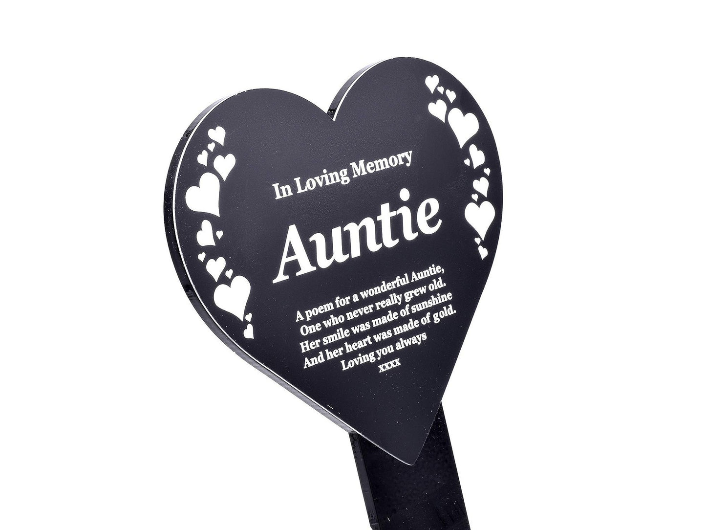 🖤 Heart-Shaped Auntie Memorial Stake – Black & White Engraved Outdoor Tribute – by North By North East – Plaques & Nameplates