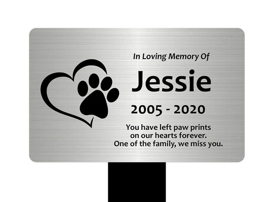 Personalised Paw Print Heart Pet Memorial Stake - Silver, 1mm Alu, 150x250mm – by North By North East – Plaques & Nameplates