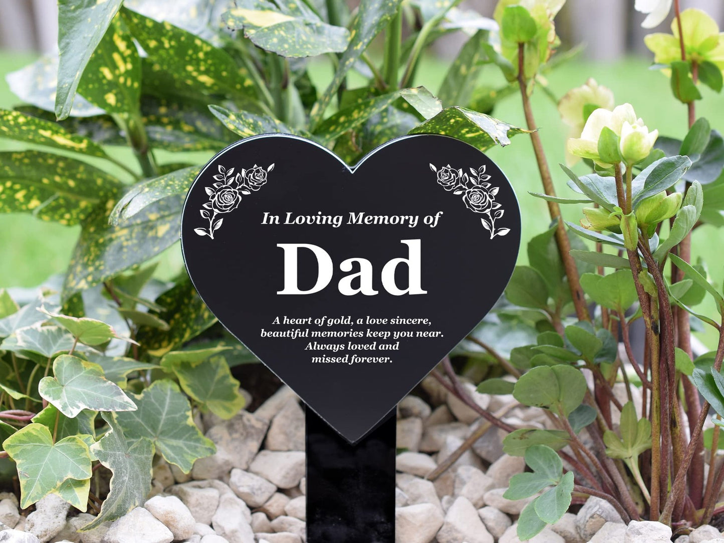 Black Heart Dad Memorial Plaque with Poem & Roses – Grave or Garden Marker – by North By North East – Plaques & Nameplates