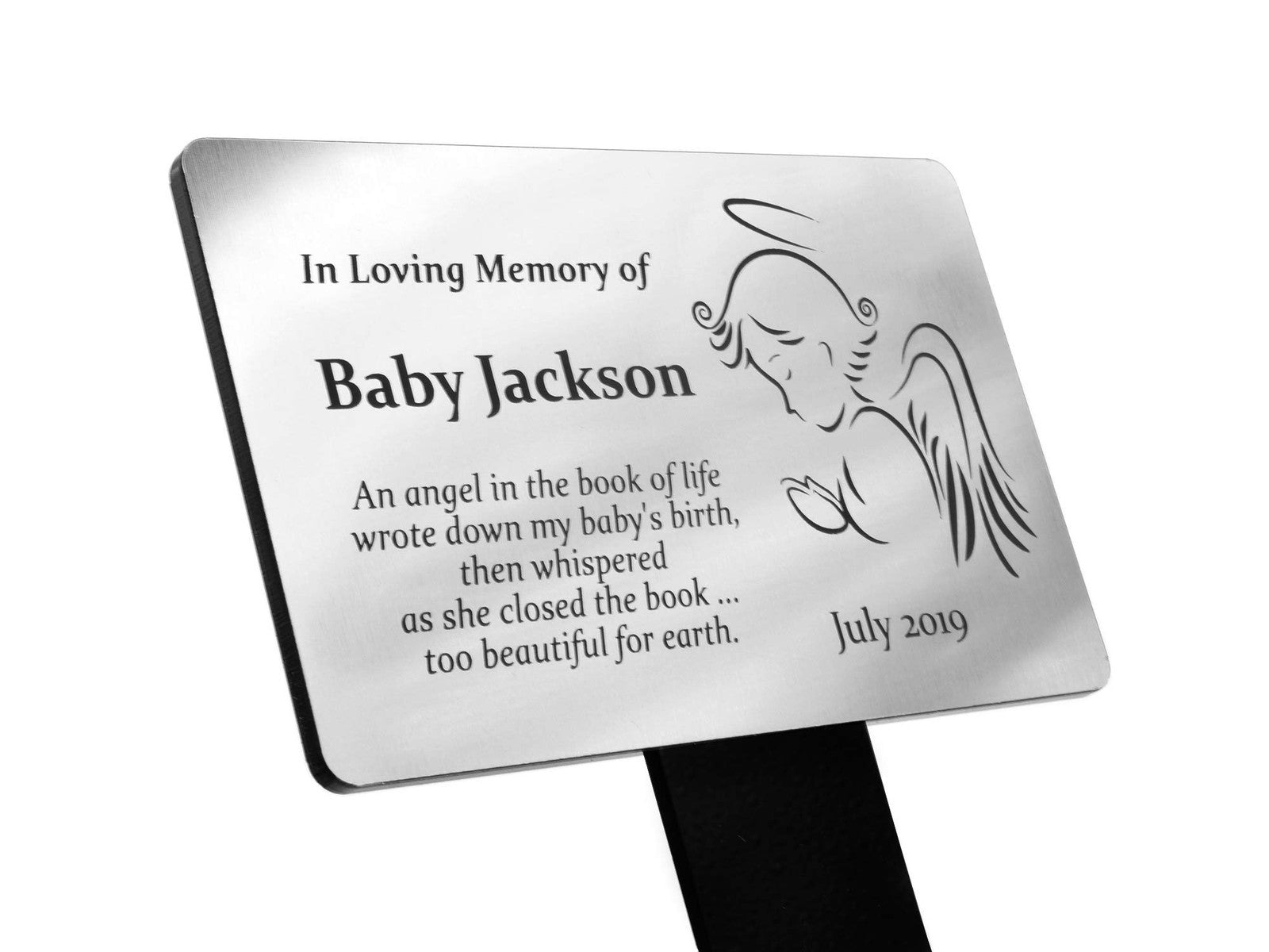 Personalised Silver Angel Memorial Plaque — Engraved Grave or Garden Marker with Stake (Weatherproof, Angel Motif) – by North By North East – Plaques & Nameplates