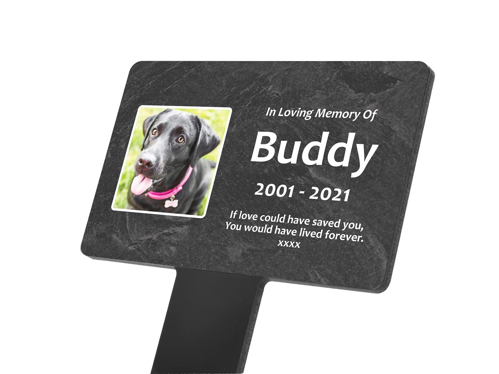Personalised Slate-Effect Pet Memorial Stake — Photo & Text (140 × 230 mm, 6 mm, Black Acrylic Stake) – by North By North East – Plaques & Nameplates