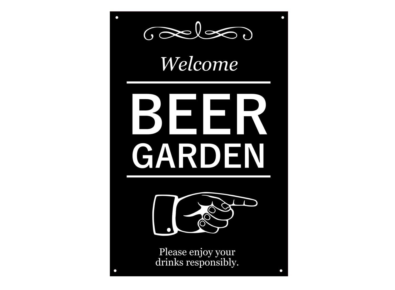 Beer Garden This Way Sign (RIGHT) – Black ACM, White Print, 19.5×29cm – by North By North East – Garden & Outdoor Signs