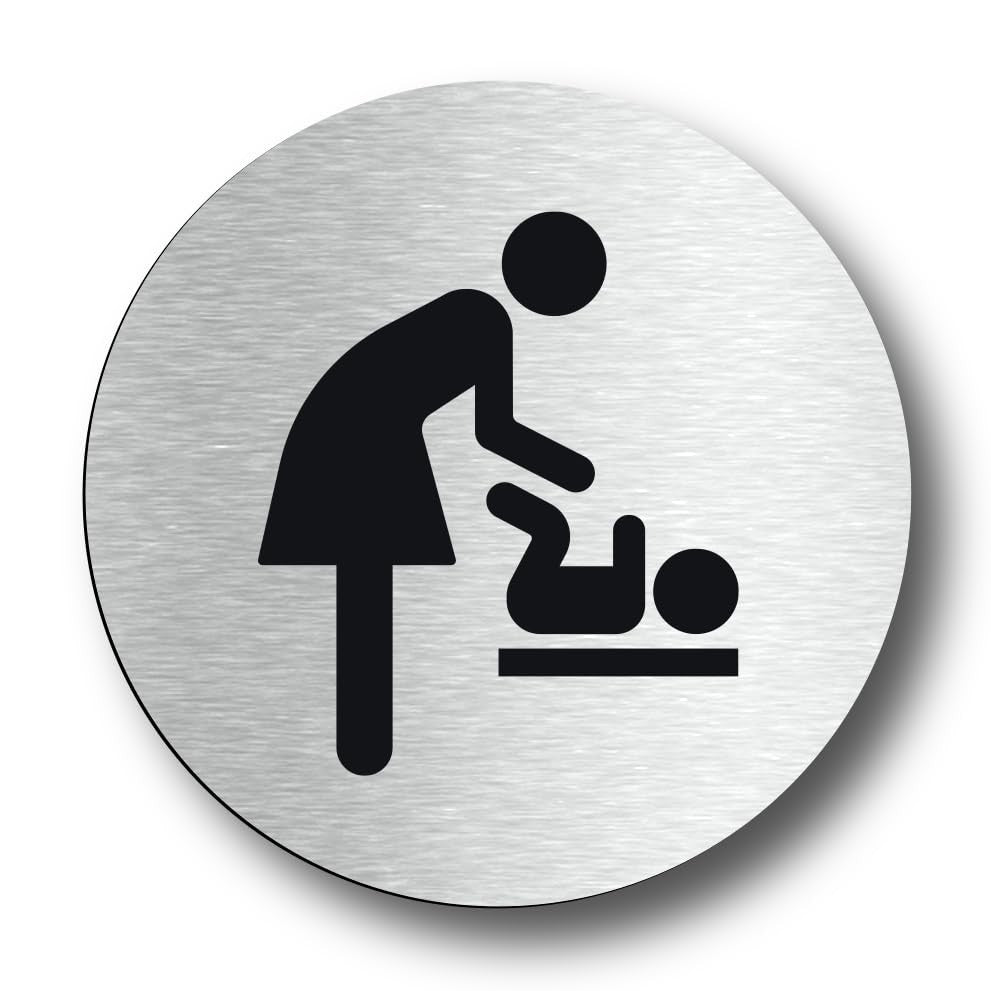 Aluminium Baby Change Sign – Self-Adhesive Round Plaque – 70mm Silver Finish – by North By North East – Toilet & Bathroom Signs