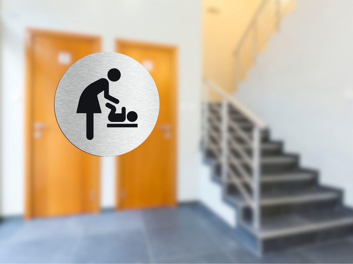 Aluminium Baby Change Sign – Self-Adhesive Round Plaque – 70mm Silver Finish – by North By North East – Toilet & Bathroom Signs