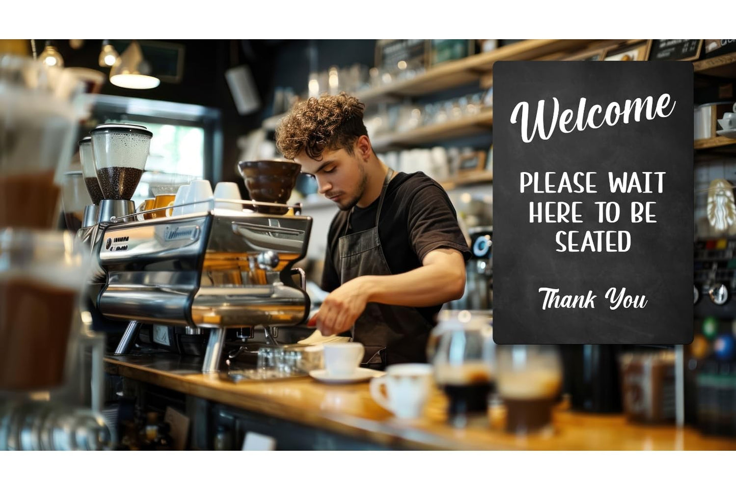 Welcome Please Wait to Be Seated Sign – A4 Adhesive ACM Plaque, UK Dispatch – by North By North East – Business Hours & Policy Signs