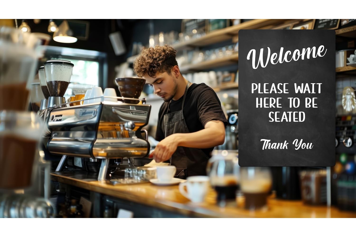 Welcome Please Wait to Be Seated Sign – A4 Adhesive ACM Plaque, UK Dispatch – by North By North East – Business Hours & Policy Signs