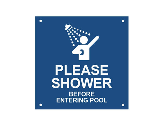 Please Shower Before Entering Pool Sign - Blue 3mm Acrylic 145x145mm 4 Holes – by North By North East – Signs