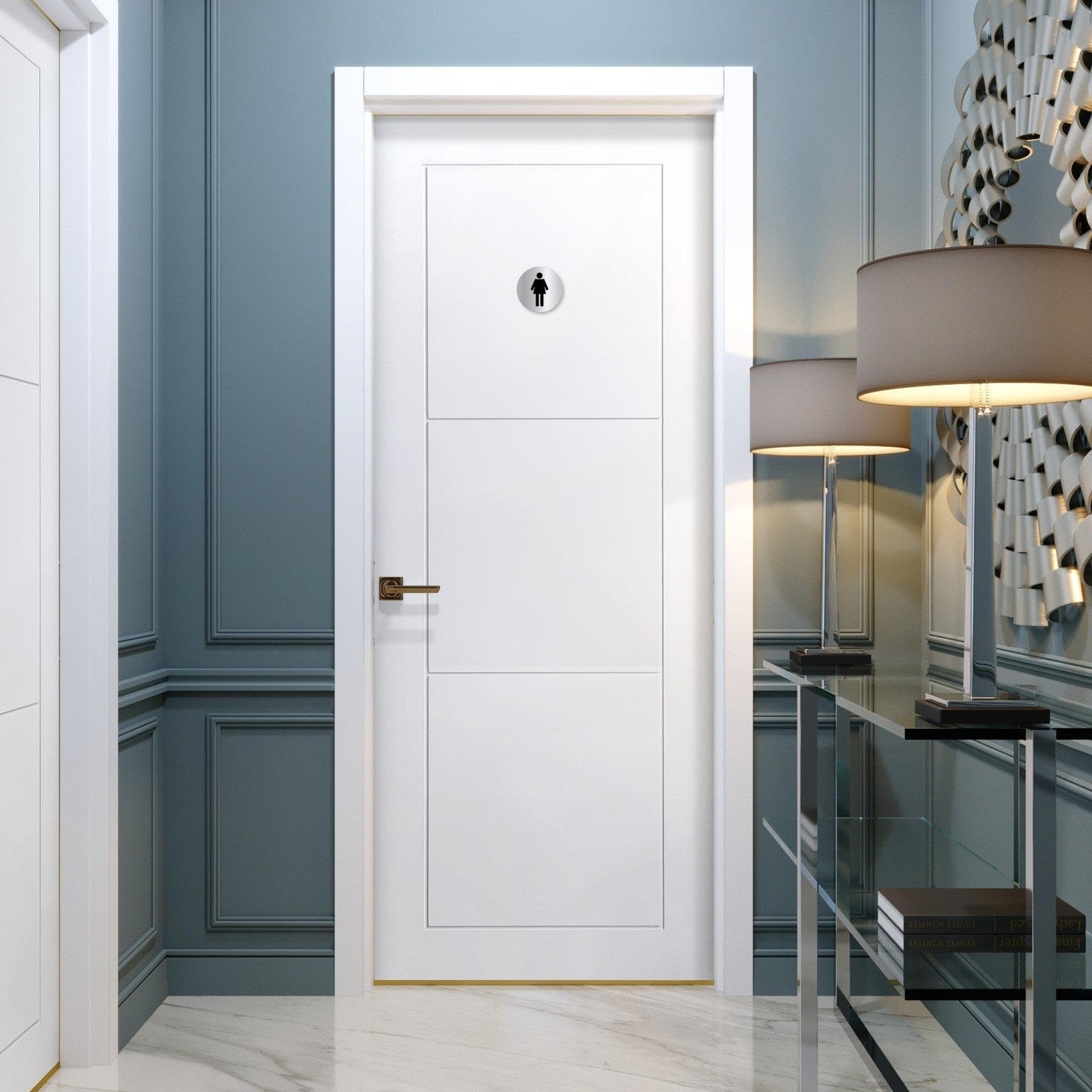 70mm Self-Adhesive Aluminium Ladies Toilet Door Sign – Metallic Steel Finish – by North By North East – Toilet & Bathroom Signs