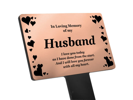 Husband Memorial Grave Marker Copper Aluminium Plaque with Black Acrylic Stake – by North By North East – Safety & Warning Signs