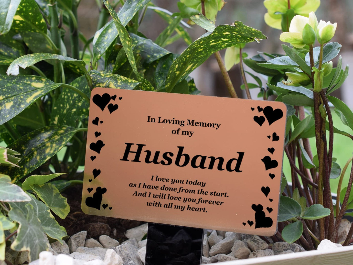 Husband Memorial Grave Marker Copper Aluminium Plaque with Black Acrylic Stake – by North By North East – Safety & Warning Signs