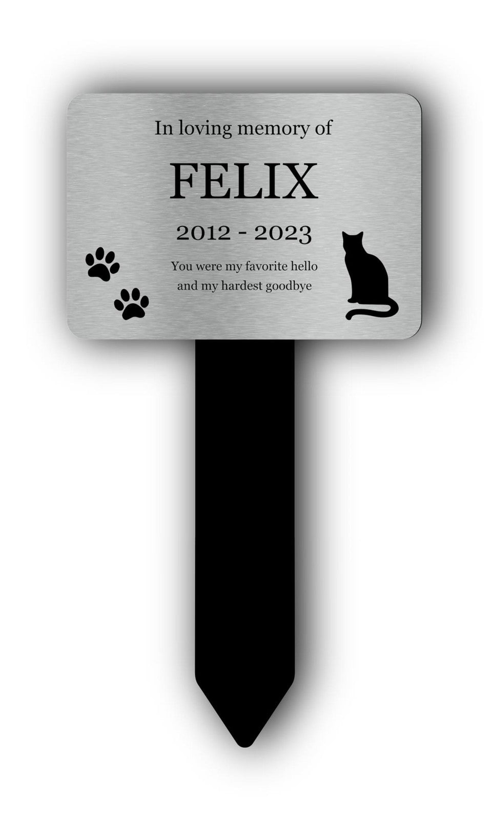 Personalised Cat Memorial Stake — Silver Aluminium Plaque on Black Acrylic Marker (230 × 140 mm, 6 mm) – by North By North East – Plaques & Nameplates