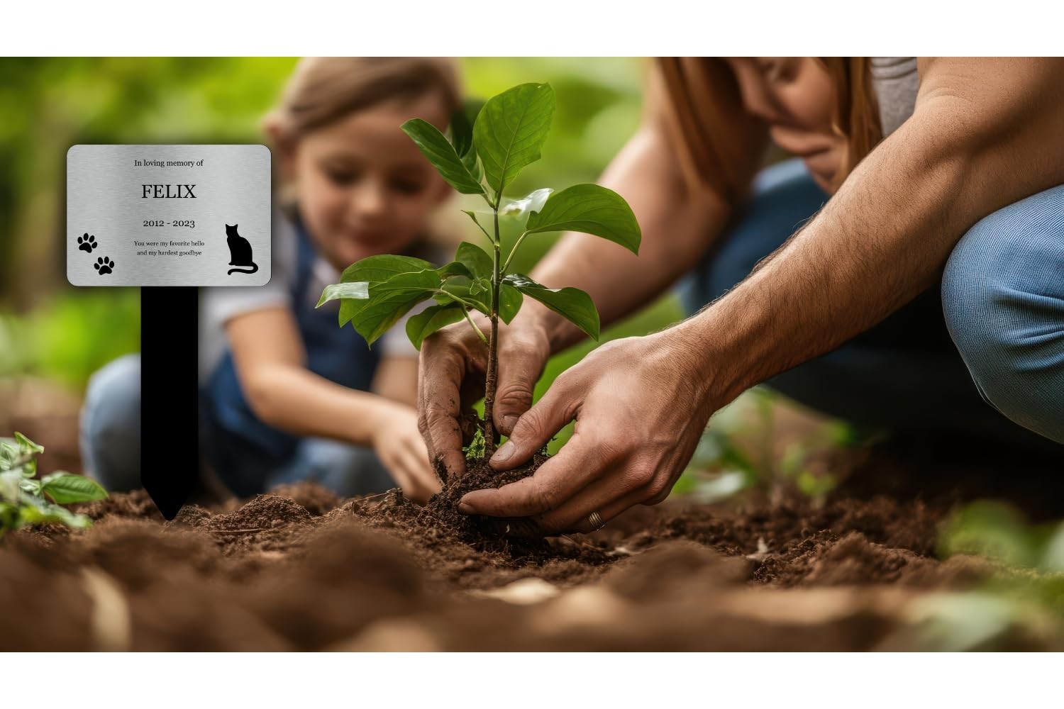 Personalised Cat Memorial Stake — Silver Aluminium Plaque on Black Acrylic Marker (230 × 140 mm, 6 mm) – by North By North East – Plaques & Nameplates