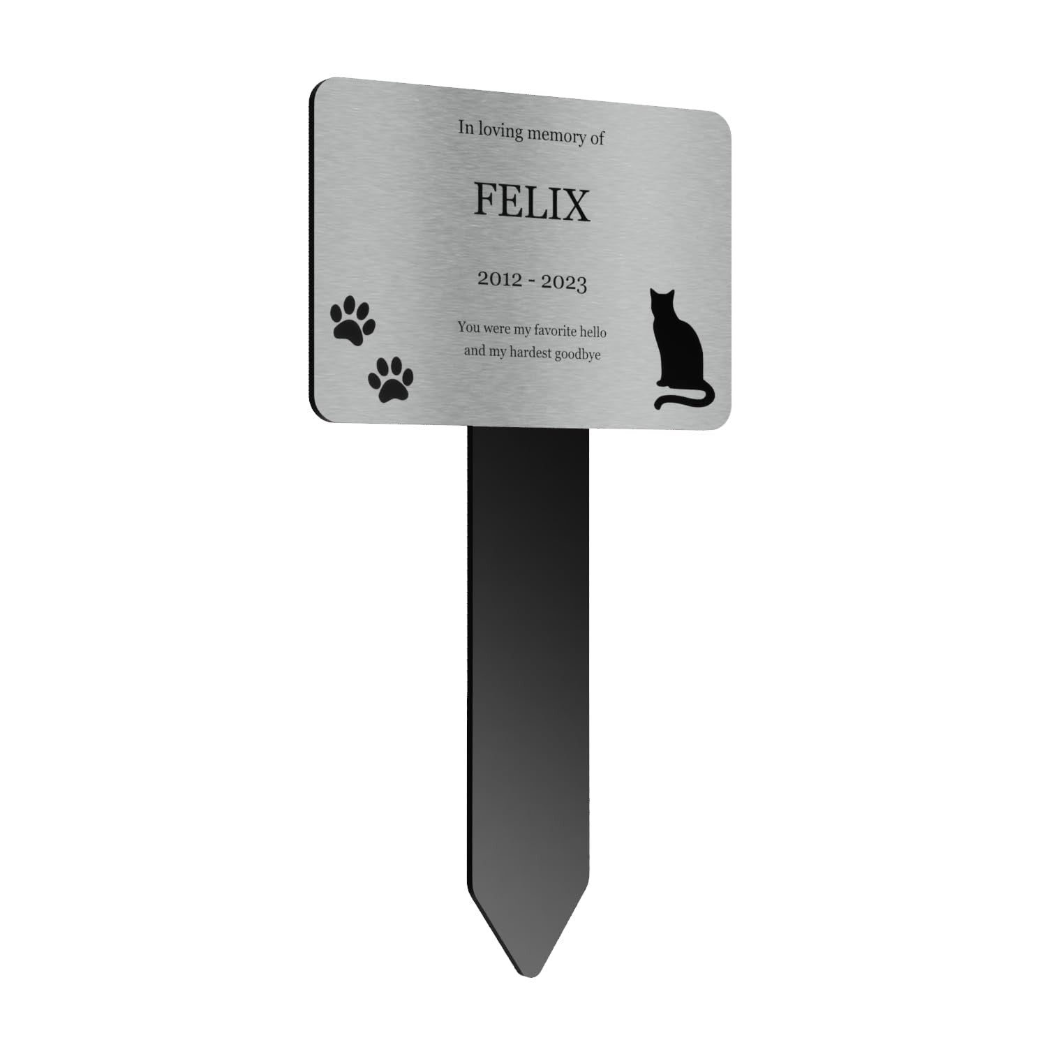 Personalised Cat Memorial Stake — Silver Aluminium Plaque on Black Acrylic Marker (230 × 140 mm, 6 mm) – by North By North East – Plaques & Nameplates