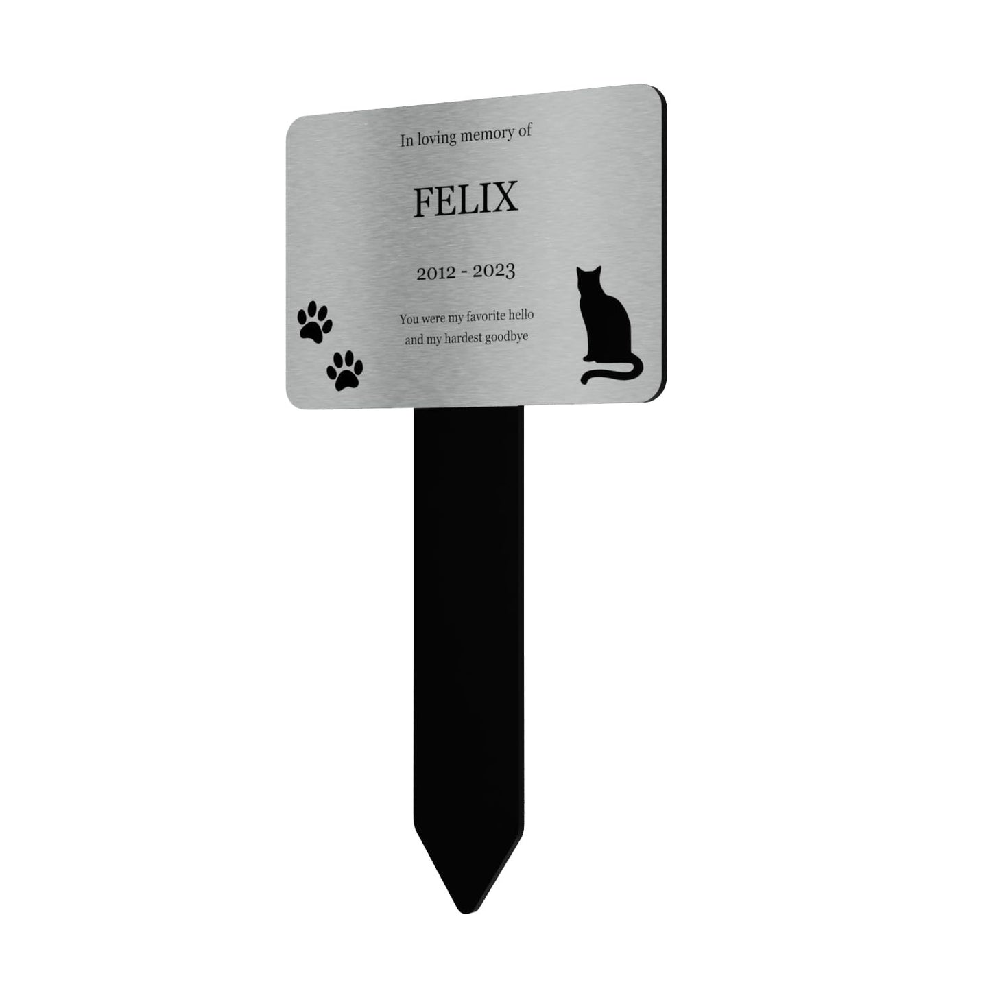 Personalised Cat Memorial Stake — Silver Aluminium Plaque on Black Acrylic Marker (230 × 140 mm, 6 mm) – by North By North East – Plaques & Nameplates