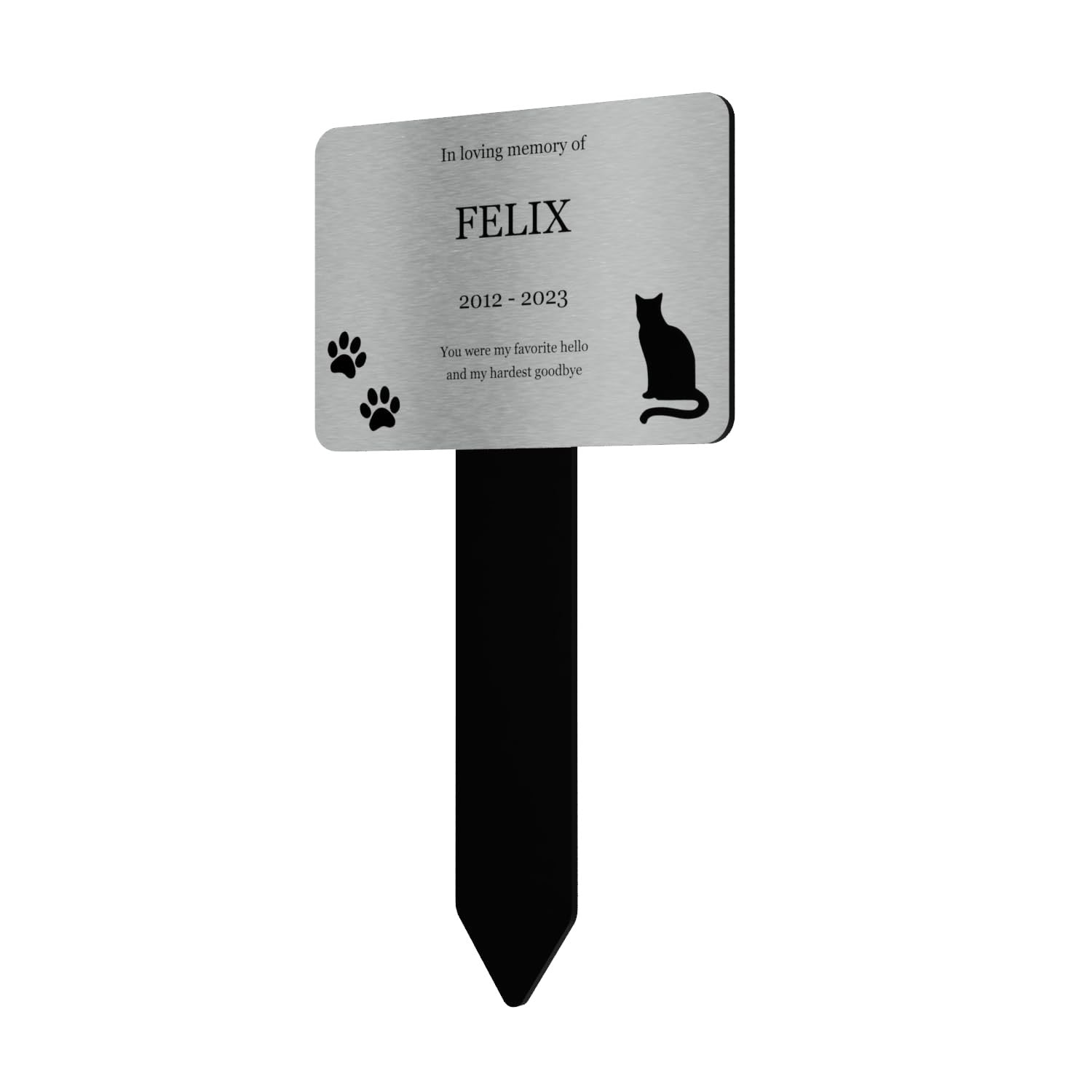 Personalised Cat Memorial Stake — Silver Aluminium Plaque on Black Acrylic Marker (230 × 140 mm, 6 mm) – by North By North East – Plaques & Nameplates