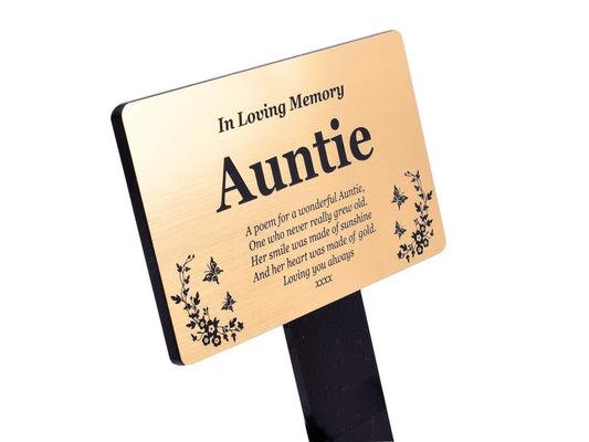 Auntie Memorial Grave Stake Gold Acrylic Outdoor Remembrance Grave Marker – by North By North East – Plaques & Nameplates