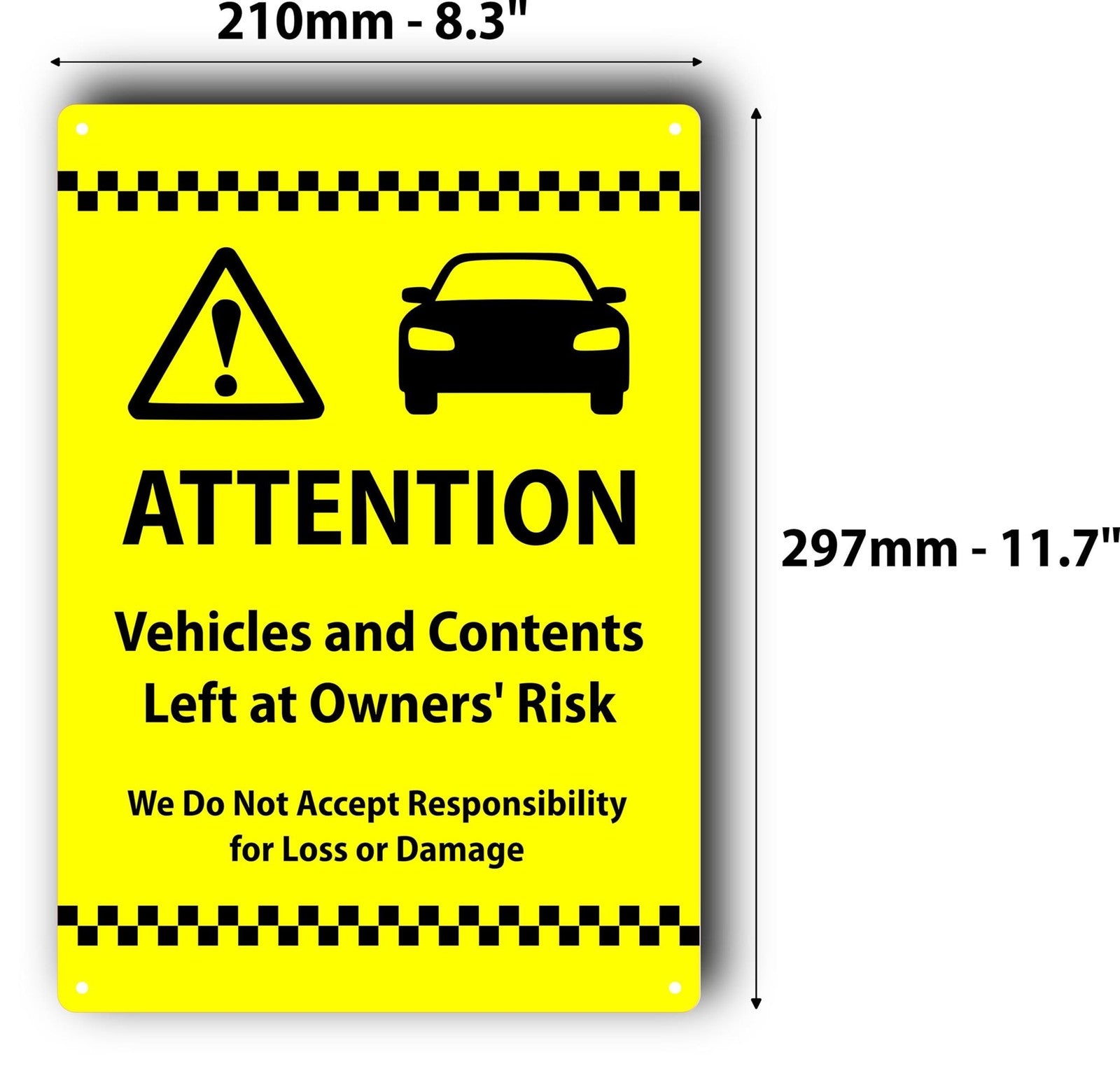 🚗 A4 Yellow “Vehicles Left at Owners Risk” Sign – Outdoor Aluminium Notice – by North By North East – Signs