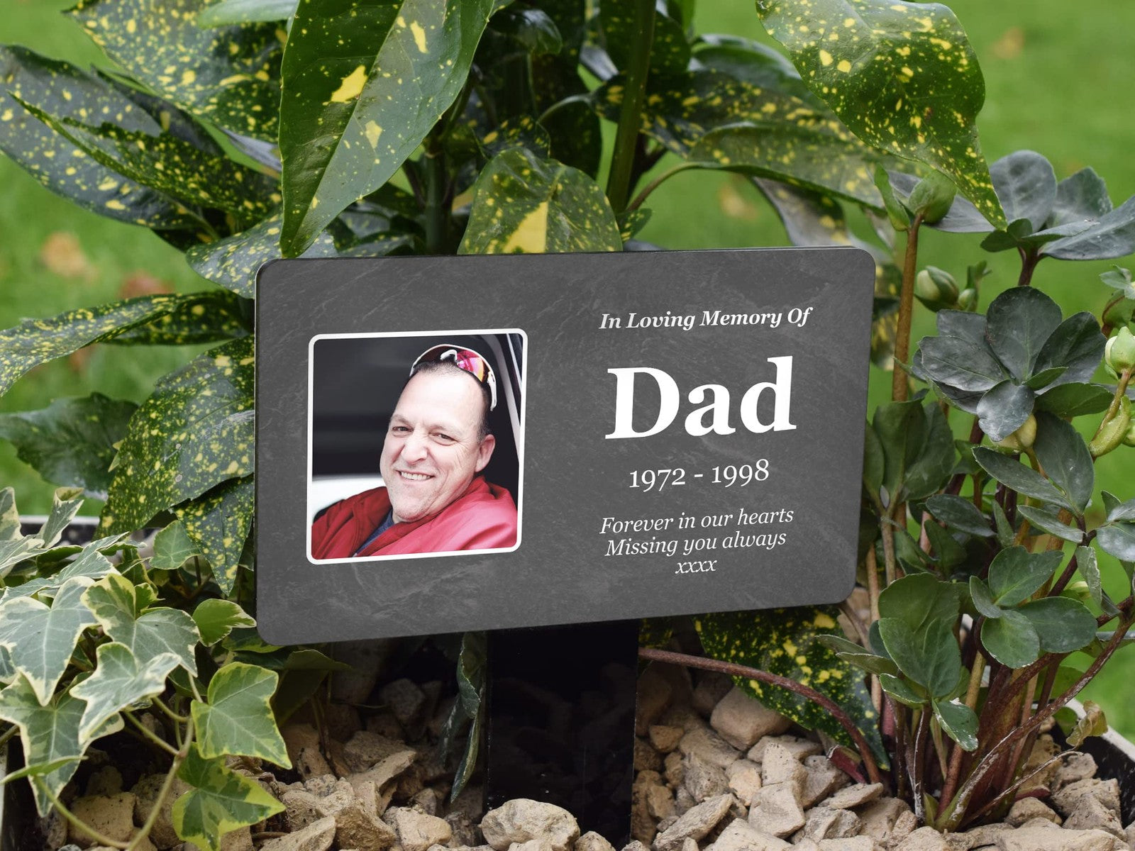 Personalised Memorial Plaque — Grave Marker with Photo & Engraved Text (140 × 230 mm, 6 mm Stake, Outdoor-Ready) – by North By North East – Plaques & Nameplates