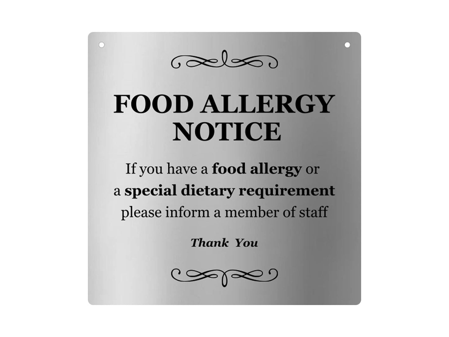Food Allergy Notice Sign – Silver Aluminium 145x145mm Self Adhesive Door/Wall – by North By North East – Signs