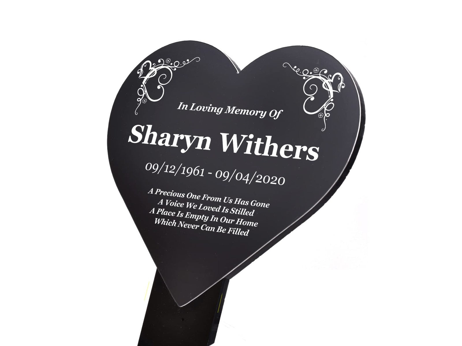 Personalised Black Heart Memorial Stake — Engraved Acrylic Grave Marker (230 × 140 mm, Weatherproof) – by North By North East – Plaques & Nameplates