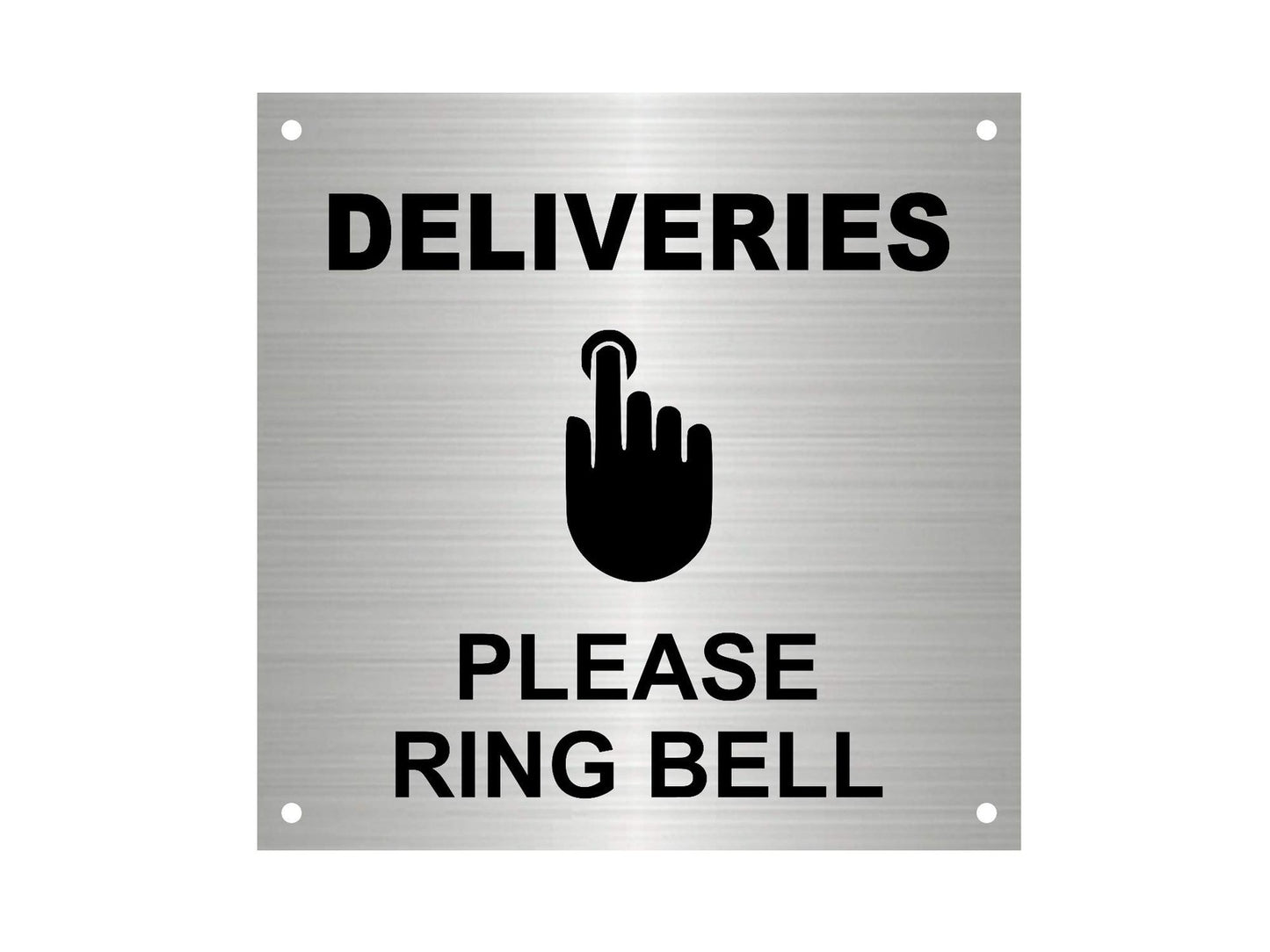 Deliveries Please Ring Bell Sign – 145mm Silver Aluminium Self Adhesive – by North By North East – Business Hours & Policy Signs