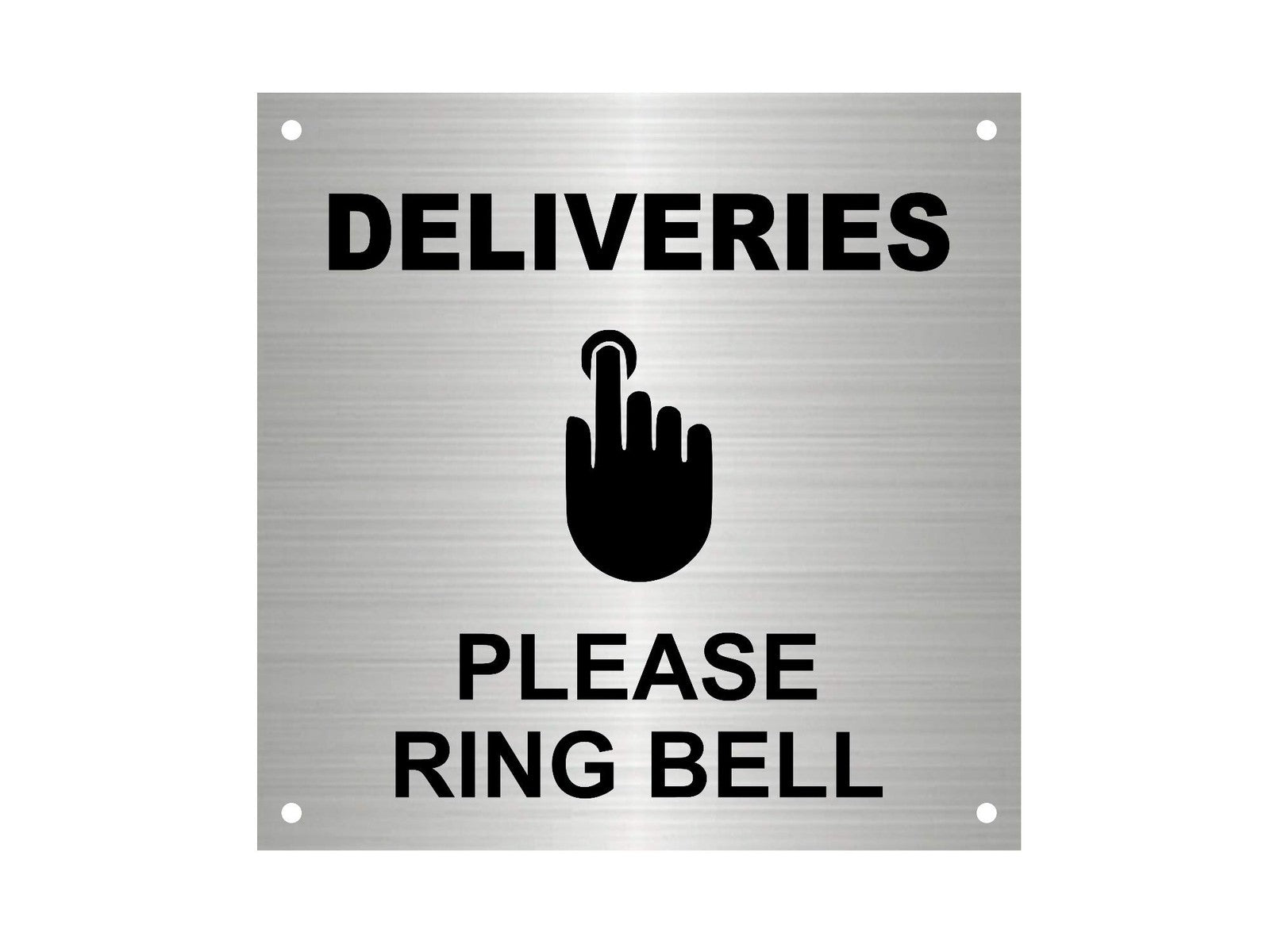Deliveries Please Ring Bell Sign – 145mm Silver Aluminium Self Adhesive – by North By North East – Business Hours & Policy Signs