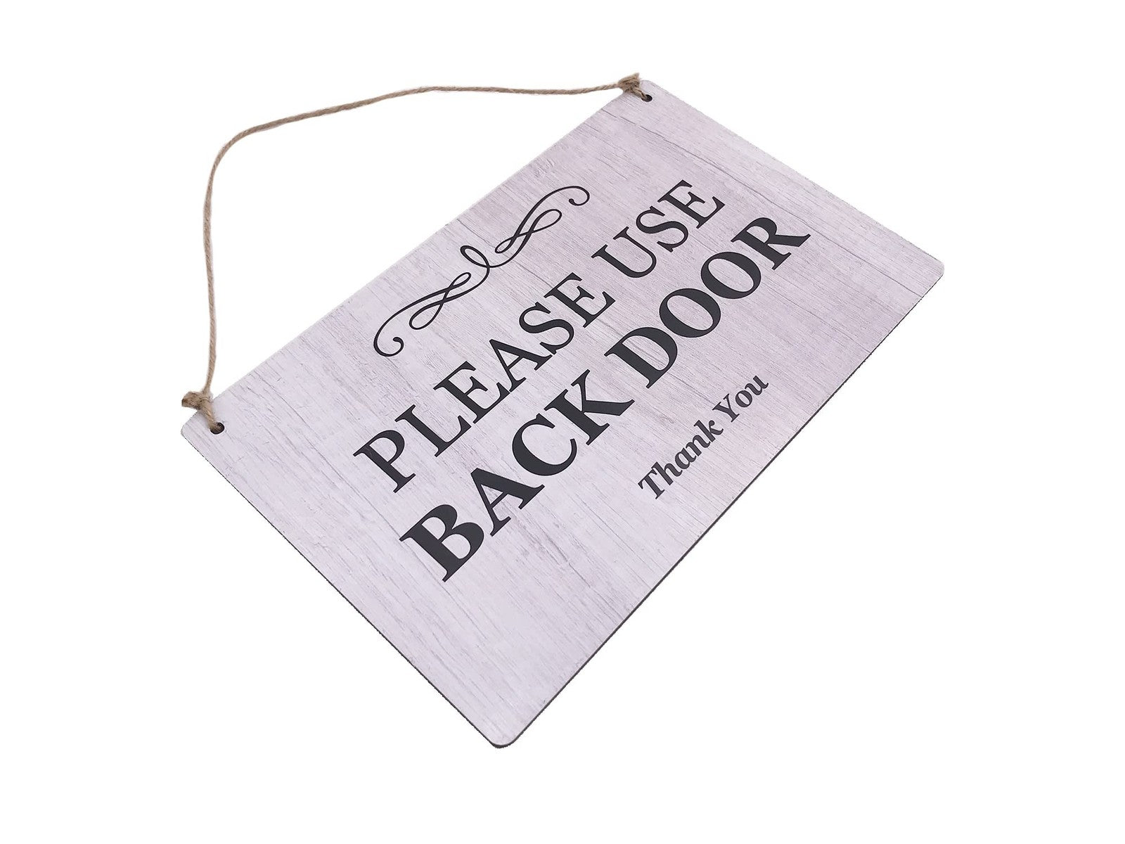 White Please Use Back Door Sign 140x90mm ACM Hanging Plaque with Twine – by North By North East – Business Hours & Policy Signs